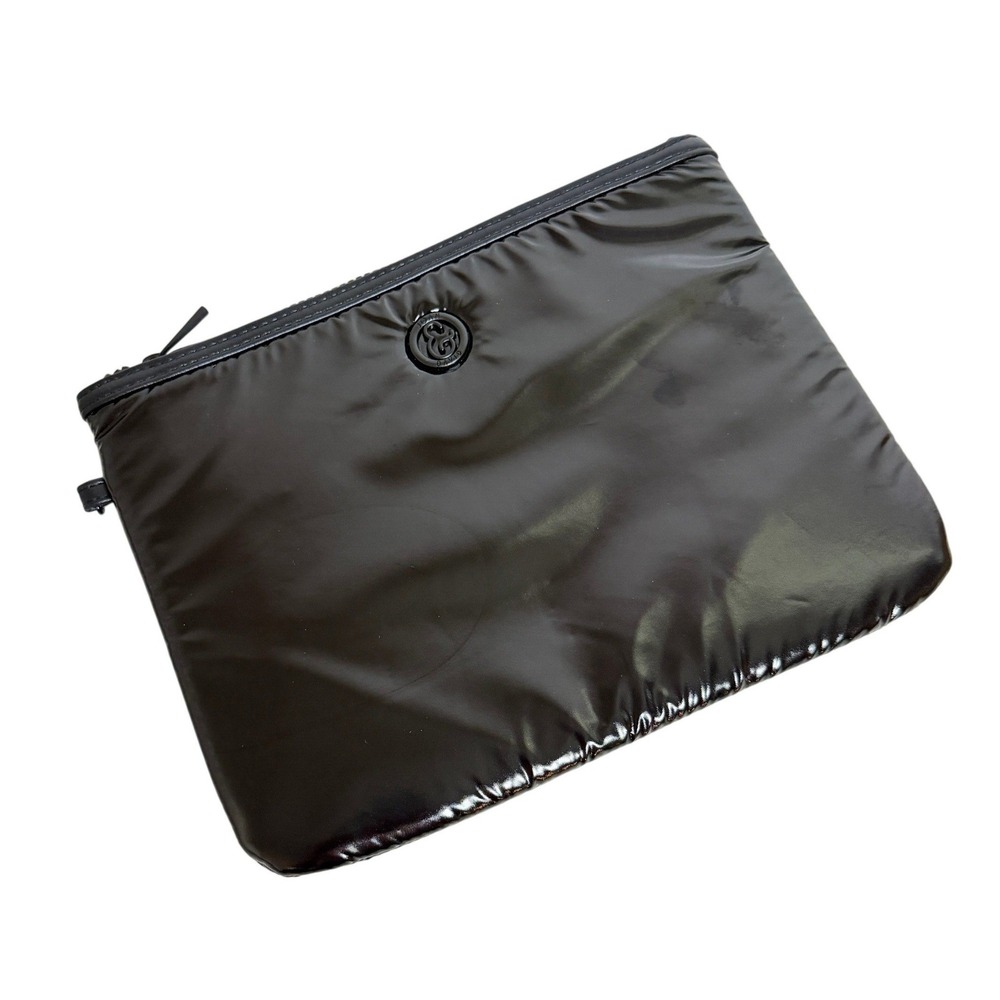 Joan & David Black Shiny Nylon Zip Pouch Cosmetic Travel Clutch Bag